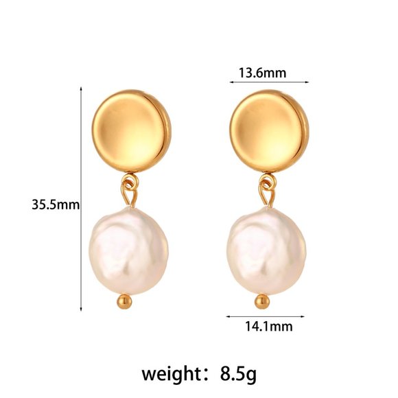 18K Gold Plated Round Stud Fresh Water Pearl Drop Earrings Stainless Steel - Picture 8 of 8